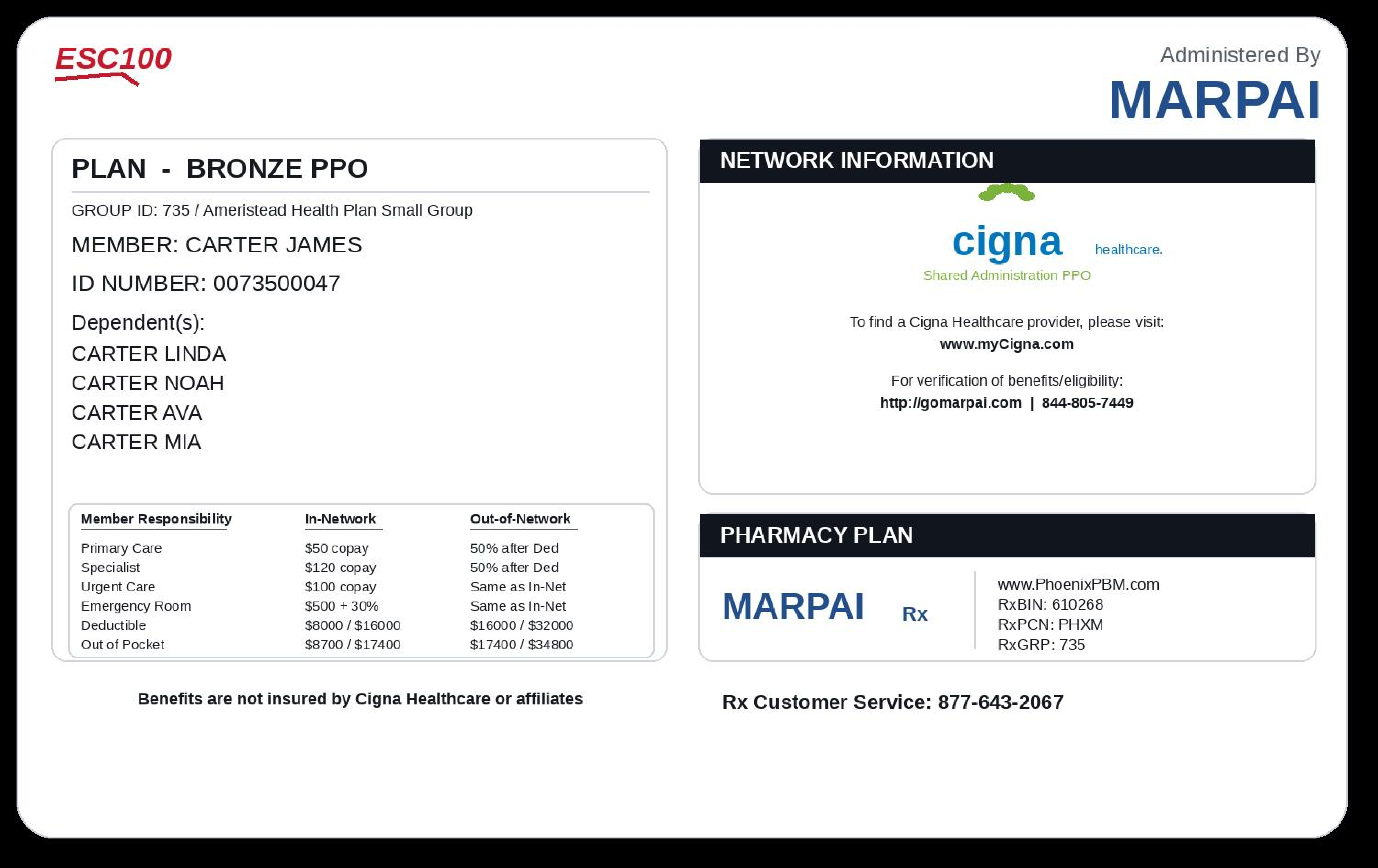 Sample BeneHub member ID card showing Cigna PPO network